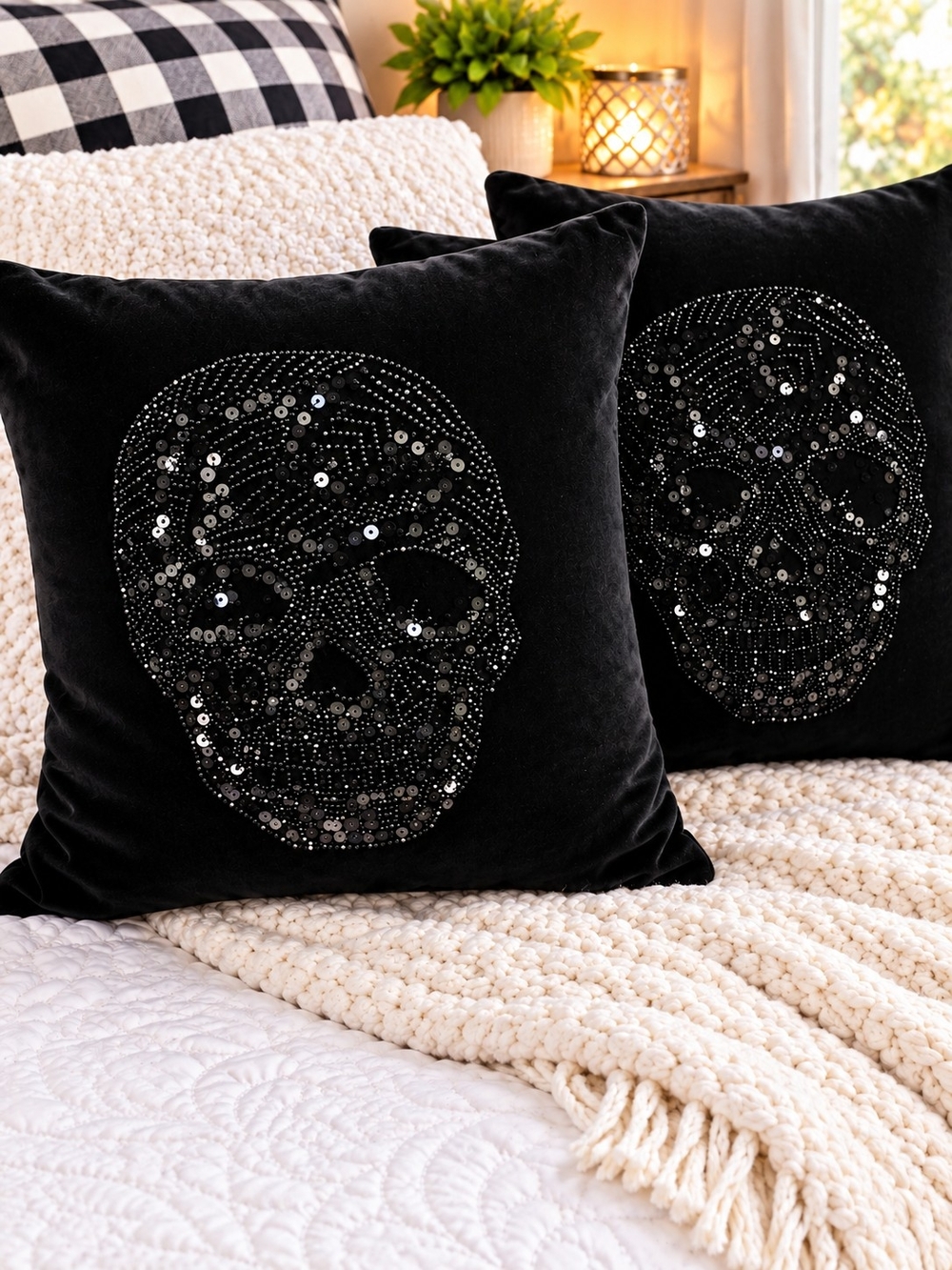 Threshold Set Of 2 Black Sequin Skull Throw Pillow